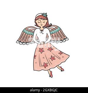 Hand drawing fairy with wings isolated on white background. Stock vector illustration. Stock Vector