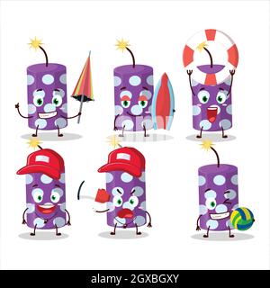 Happy Face purple firecracker cartoon character playing on a beach. Vector illustration Stock Vector