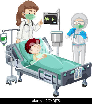 Coronavirus theme with sick boy on hospital bed Stock Vector