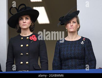 Catherine, Duchess of Cambridge and Sophie, Countess of Wessex watch from the balcony during the annual Remembrance Sunday Service at the Cenotaph in London on November 12, 2017. Stock Photo
