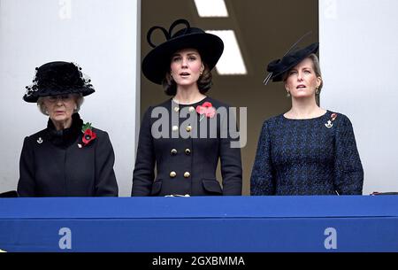 Princess Alexandra, Catherine, Duchess of Cambridge and Sophie, Countess of Wessex watch from the balcony during the annual Remembrance Sunday Service at the Cenotaph in London on November 12, 2017. Stock Photo