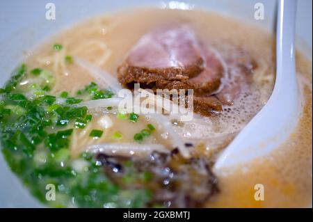 original Japanese beef ramen noodles soup closeup.
