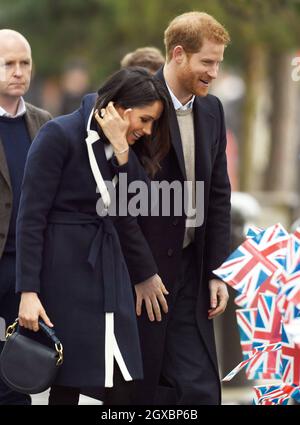 Meghan Markle and Prince Harry meet the public during a walkabout at Millennium Point in Birmingham on March 08, 2018. Stock Photo