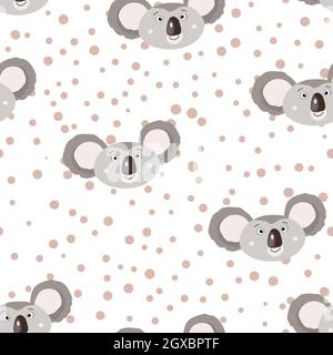 Seamless pattern with cute koala baby and hearts on white polka dots background. Funny australian animals. Card, postcards for kids. Flat vector Stock Vector