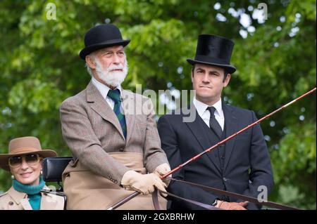 Prince Michael of Kent and Princess Michael of Kent are seen carriage driving during the Champagne Laurent-Perrier Meet of the British Driving Society at the Royal Windsor Horse Show on May 13, 2018. Stock Photo