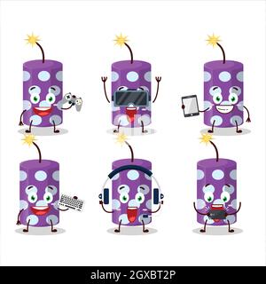 Purple firecracker cartoon character are playing games with various cute emoticons. Vector illustration Stock Vector