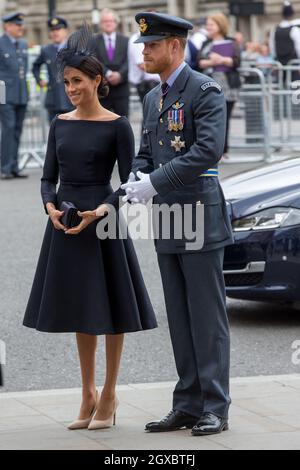 Prince Harry, Duke of Sussex and Meghan, Duchess of Sussex attend a service to commemorate the centenary of the RAF (Royal Air Force) at Westminster Abbey in London on July 10, 2018. Stock Photo