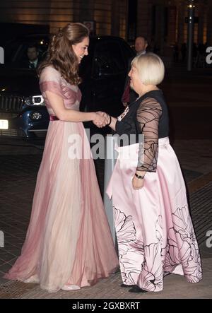 The Duchess Cambridge, wearing a pink an cream gown by Gucci, attends the 100 Women in Finance gala dinner at the Victoria & Albert Museum in London on February 13, 2019. Stock Photo