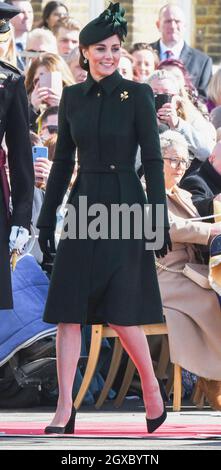 Catherine, Duchess of Cambridge, wearing an emerald green Alexander McQueen coat, attends the traditional Irish Guards St.Patrick's Day Parade at Cavalry Barracks in Hounslow on March 17, 2019 Stock Photo