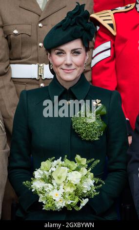 The Duchess of Cambridge attends the traditional Irish Guards St.Patrick's Day Parade at Cavalry Barracks in Hounslow Stock Photo