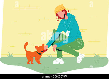 Woman Volunteer Feed Homeless Cat Vector Illustration Stock Vector