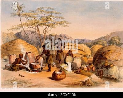 South Africa: Zulu women brewing beer. Colored lithograph by G.F. Angas, 1849. - ''The favorite drink of the Kafirs is an intoxicating liquor made of