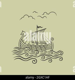 Normans drakkar. Viking transport ship. Vector Illustration. Stock Vector