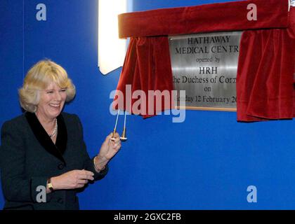 Camilla, Duchess of Cornwall unveils a plaque during her visit to the new Hathaway Medical Centre in Chippenham, Wiltshire on February 12, 2007. Camilla, who is president of the National Osteoporosis Society officially opened the centre today. Stock Photo