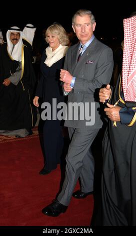 Prince Charles, Prince of Wales and Camilla, Duchess of Cornwall arrive at Kuwait International Airport on February 19, 2007 for the start of a 10 day tour of the Middle East. Stock Photo