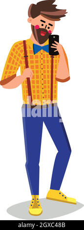 Man Takes Selfie On Mobile Phone Camera Vector Stock Vector