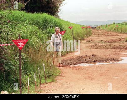 Diana, Princes of Wales, wears body armour and a visor on the minefields during a visit Angola in January 1997 to promote the campaign against the use of landmines. Stock Photo