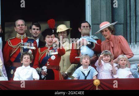 Queen Elizabeth II, Prince Philip, Duke of Edinburgh, Prince Charles, Prince of Wales, Diana, Princess of Wales, Princess Anne, Prince William, Prince Harry and Prince Edward, Earl of Wessex at Trooping of the Colour, Buckingham Palace, London in June 1985.