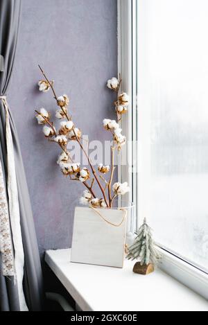 Cotton branches in a vase at the window. Christmas decor in the house. Cozy New Year and winter Stock Photo