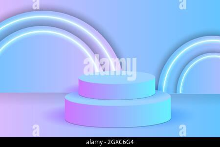 Realistic halographic podium on a bright background. Elegant halographic stage with empty cylindrical plinths to showcase products. Luxury vector plat Stock Vector