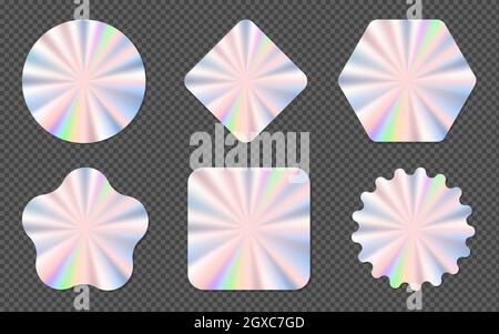 Set of trendy holographic colored stickers and decals of different shapes, vector illustration. EPS 10 Stock Vector