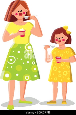 Woman And Girl Eating Yogurt Healthy Food Vector Stock Vector