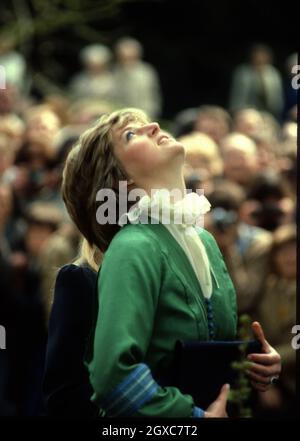 Princess Diana, then Lady Diana Spencer,, wearing a frilly pie-shaped collar, looks up to the heavens as she visits Broadlands, the former home of Lord Mountbatten, during her engagement to Prince Charles on May 09, 1981. Stock Photo
