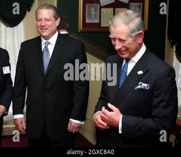 Prince Charles arrives with former U.S. Vice-President Al Gore to present awards at the Business in the Community Awards for Excellence at the Royal Albert Hall in London. Stock Photo