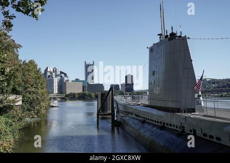 The USS Requin, a Tench-class submarine, serves as a museum ship at the Carnegie Science Center in Pittsburgh, Pennsylvania since 1990. Stock Photo