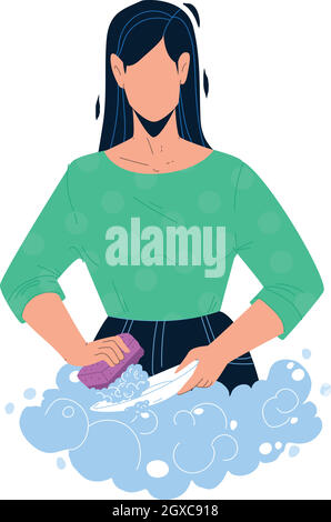 Washing Dishes With Soap In Kitchen Sink Vector Stock Vector