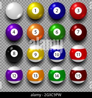Set of balls for billiards on a transparent background. EPS 10 Stock Vector