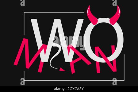The word woman with horns and a tail, logo, on a black background. EPS 10 Stock Vector
