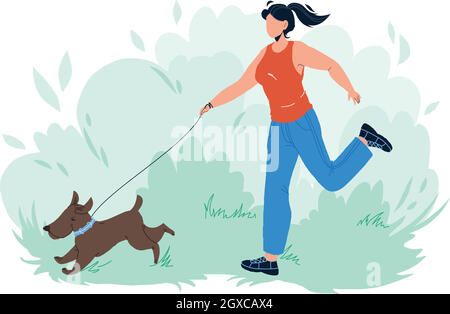 Pet Walking And Running In Park With Girl Vector Stock Vector