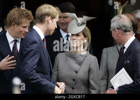 (From left to right) Prince Harry, Prince William, Tim Laurence, Sophie, Countess of Wessex and Prince Charles, Prince of Wales at the Service to celebrate the life of Diana, Princess of Wales at the Guards Chapel in London. Stock Photo