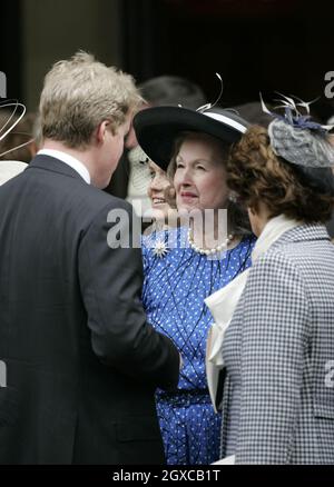 Earl Spencer and Raine Spencer leave the Service to celebrate the life of Diana, Princess of Wales at the Guards Chapel in London. Stock Photo