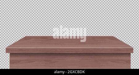 Wooden table foreground, tabletop front view, brown rustic countertop of wood surface. Retro dining desk or plank texture isolated on transparent back Stock Vector