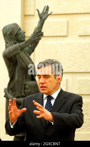 Britain's Prime Minister Gordon Brown attends the dedication ceremony for the the new National Armed Forces Memorial at Alrewas in Staffordshire. Almost 16,000 names are carved on the vast Portland Stone walls, paying tribute to those who have given their lives in service of their country since 1948. Stock Photo