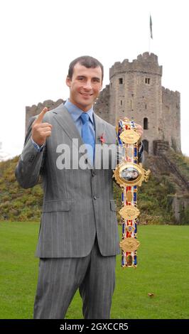 World Champion boxer Joe Calzaghe poses with a Lifetime Achievement belt presented by the Prince of Wales at Cardiff Castle. Stock Photo