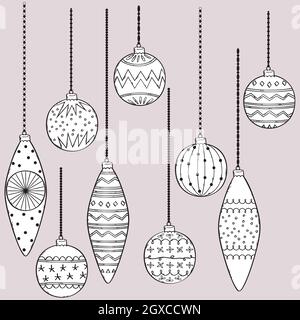 Hand Drawn Christmas ornaments. Tree balls decoration. Holiday doodles. Black and white. Stock Vector