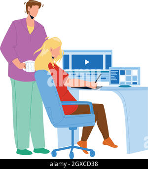 Video Editor Working On Laptop At Workplace Vector Stock Vector