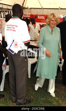 Camilla, Duchess of Cornwall visits a first aid tent at St. Joseph's School in Naggalama, Uganda Stock Photo