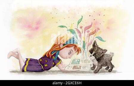 Girl child reading a fantasy book with her dog - watercolor illustration Stock Photo