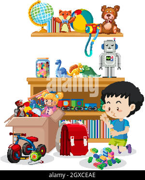 Scene with boy playing toys in the room Stock Vector