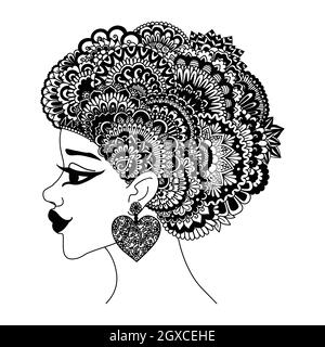 Mandala hair on Afro lady for design element. Vector illustration. Stock Vector