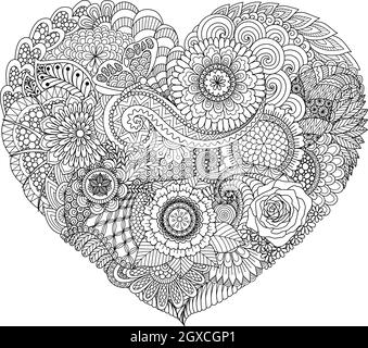 Abstract flowers and leaf in heart shape, design for coloring book, coloring page, wedding invitation, valentines card, engraving and so on. Vector il Stock Vector