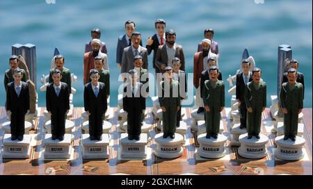 A political chess set on display at Kabatas school in Istabul during the Queen's State Visit to Turkey. Stock Photo