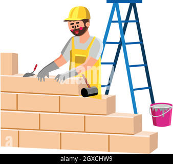 Builder Building House Wall With Bricks Vector Stock Vector
