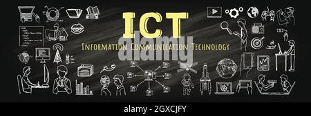 ICT and hand drawn illustrations on chalkboard. Stock vector. Stock Vector