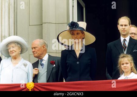 Sophie Rhys-Jones and Prince Edward, with the Queen Mother (left) on the balcony of Buckingham Palace in London after the Trooping the Colour ceremony at the Horseguards Parade. The ceremony marks the Queen's official birthday. Stock Photo