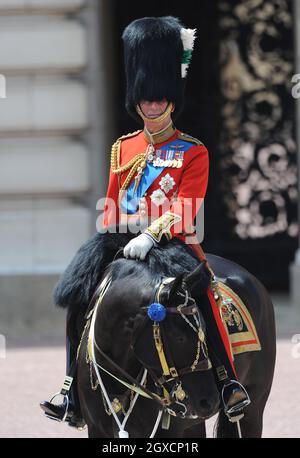 Prince Charles, Prince of Wales inspects a march past during Trooping The Colour on June 14, 2008 in London, England. Trooping The Colour is the Queen's annual birthday parade and dates back to the time of Charles II in the 17th Century when the colours of a regiment were used as a rallying point in battle. Stock Photo